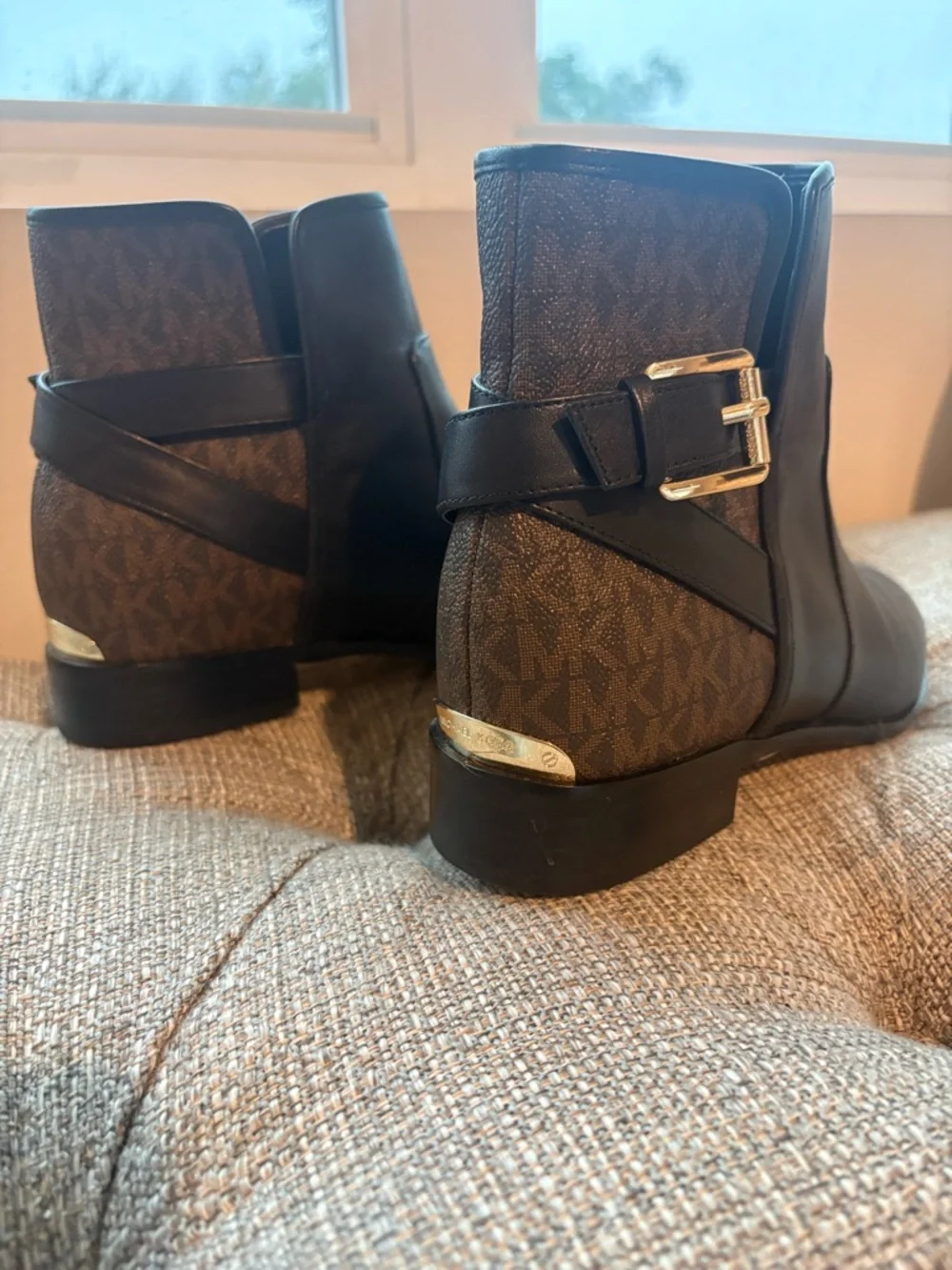 Michael Kors Brown MK Logo Ankle Booties with Gold Buckle